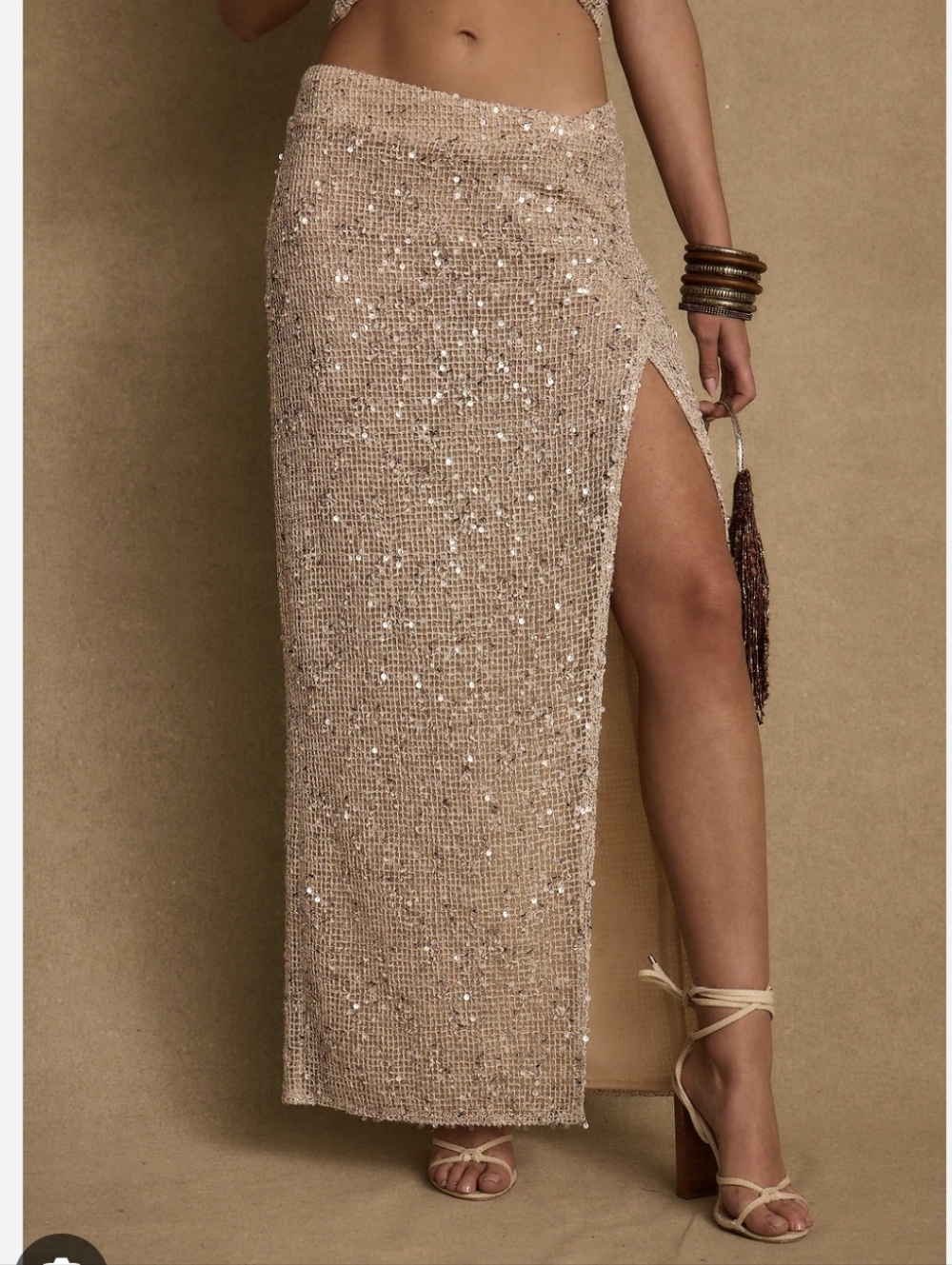 12th Tribe Ibiza Champagne Sequin Maxi Skirt Size Small